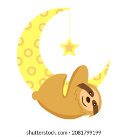 Baby sloth hanging on a yellow crescent isolated. Moon and star. Cute and funny. Flat cartoon style. Nature and ecology. Good night. Kids bedroom. Nursery, post card, poster, graphic design, textile