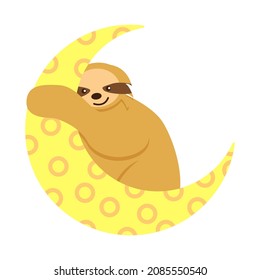 Baby sloth hanging on a yellow crescent isolated. Moon and star. Cute and funny. Flat cartoon style. Nature and ecology. Good night. Kids bedroom. Nursery, post card, poster, graphic design, textile