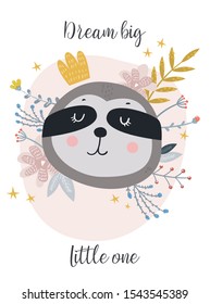 Baby sloth on white background with flowers and stars. Baby shower card, invitation, printable, poster. Dream big little one.