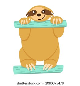 Baby sloth sitting on turquoise green fence. Cute and funny. Cartoon style. Nature and ecology. Southern and Central America fauna. Amazonia animal. Kids post card, poster, graphic design, textile