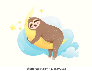 Baby sloth sleeping hugging the moon, good night and happy dreams card design for children. Dreamy adorable animal cub. Kids watercolor style sloth animal nursery isolated vector clip art.