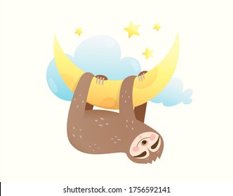 Baby sloth sleeping hugging the moon, good night and happy dreams card design for children. Dreamy hanging from the moon sloth. Kids watercolor style baby animal nursery isolated vector clip art.