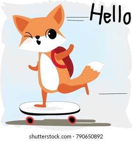 Baby smile foxy fox say Hello on skateboarding,funny style for card background,freehand drawing illustration vector