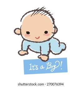 Baby smiling with holding a card- it's a boy!