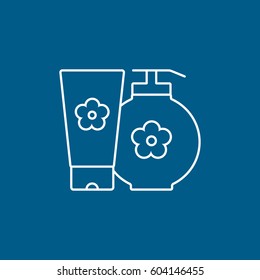 Baby Soap And Lotion Line Icon On Blue Background