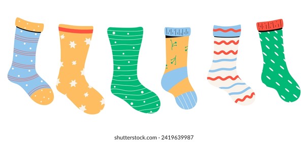 Baby socks with charming patterns and textures. Vector illustrations.