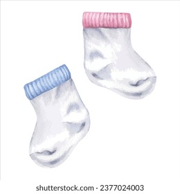 Baby Socks pair Vector illustration. Hand drawn graphic clip art on isolated white background. Watercolor drawing of pastel pink and blue clothes for boy and girl. Cute kids things