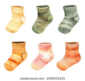 Baby socks in various patterns and shades,perfect for adding a touch of warmth and charm to any baby-related design or product. Ideal for nursery decor, baby shower invitations and childrens clothing.