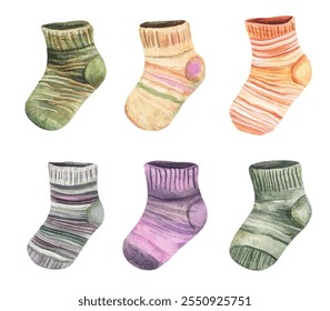 Babysocken in verschiedenen Mustern und Schattierungen, perfekt für einen Hauch von Wärme und Charme zu jedem Baby-bezogenen Design oder Produkt hinzuzufügen. Ideal für Kindergarten-Dekoration, Baby-Dusche Einladungen und Kinderkleidung.