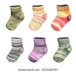 Babysocken in verschiedenen Mustern und Schattierungen, perfekt für einen Hauch von Wärme und Charme zu jedem Baby-bezogenen Design oder Produkt hinzuzufügen. Ideal für Kindergarten-Dekoration, Baby-Dusche Einladungen und Kinderkleidung.