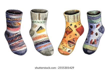 Baby socks in various patterns and shades,perfect for adding a touch of warmth and charm to any baby-related design or product. Ideal for nursery decor, baby shower invitations and childrens clothing.