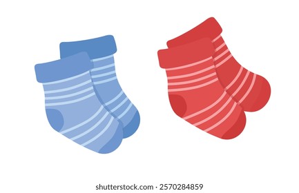 Baby socks vector illustration in cartoon style.  Newborn socks for boys and girls. Baby shower, baby clothing, baby element clipart in flat design isolated on a white background.