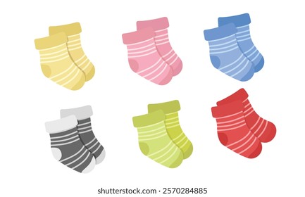 Baby socks vector illustration in cartoon style.  Newborn socks for boys and girls. Baby shower, baby clothing, baby element clipart in flat design isolated on a white background.