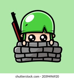 baby soldier character is hiding behind the wall. kawaii designs