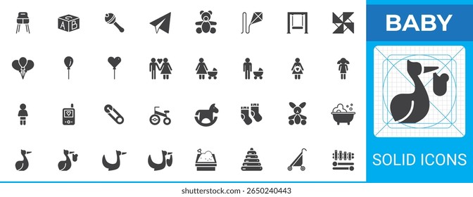 Baby solid glyph icons set. Vector child care symbol pack in bold silhouette style. Includes icons like stroller, pacifier, teddy bear, diaper, swing, socks, baby bath, rattle, tricycle