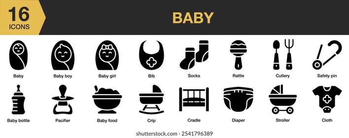 Conjunto de ícones sólidos do bebê. Inclui garrafa, menino, comida, babá, pano, berço e muito mais. Coleção vetorial de ícones sólidos.