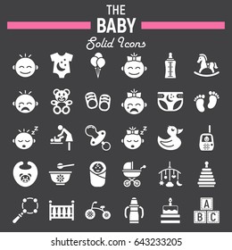 Baby solid icon set, kid symbols collection, vector sketches, logo illustrations, filled pictograms package isolated on black background, eps 10.
