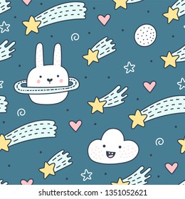Baby space elements seamless pattern. Space doodle illustration. Seamless pattern with cartoon bunny, cute cloud and stars. Space background.
