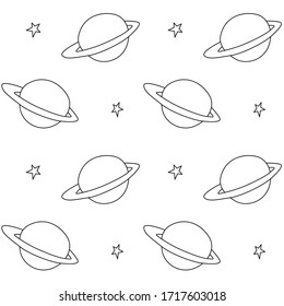 Baby space seamless pattern. Cartoon outline planet saturn and stars. Vector cosmic background and texture. For kids design, fabric, wrapping, wallpaper, textile, apparel, coloring book