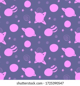 Baby space seamless pattern. Cartoon blue pink purple outline planets and stars. Vector cosmic background and texture. For kids design, fabric, wrapping paper, wallpaper, textile, apparel