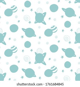 El espacio para bebés es un patrón impecable. Planetas y estrellas de dibujo azul. Fondo cósmico vectorial y textura. Para el diseño infantil, tela, papel de envoltura, papel pintado, textiles, prendas de vestir