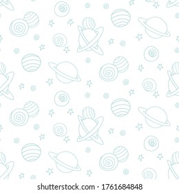 Baby space seamless pattern. Cartoon blue outline planets and stars. Vector cosmic background and texture. For kids design, fabric, wrapping paper, wallpaper, textile, apparel