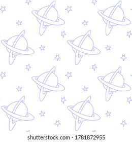 Baby space seamless pattern. Cartoon outline planets and stars. Vector cosmic background and texture. For kids design, fabric, wrapping, wallpaper, textile, apparel, coloring book