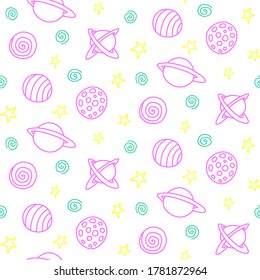 El espacio para bebés es un patrón impecable. Planetas y estrellas delineantes rosados de dibujos animados. Fondo cósmico vectorial y textura. Para el diseño infantil, tela, papel de envoltura, papel pintado, textiles, prendas de vestir