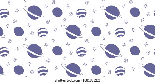 Baby space seamless pattern. Cartoon blue pink purple outline planets and stars. Vector cosmic background and texture. For kids design, fabric, wrapping paper, wallpaper, textile, apparel