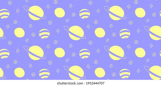 Baby space seamless pattern. Cartoon blue pink purple outline planets and stars. Vector cosmic background and texture. For kids design, fabric, wrapping paper, wallpaper, textile, apparel