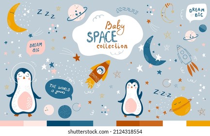 Colección cósmica para bebés. Conjunto de ilustraciones vectoriales a mano con astronautas, cohetes, estrellas y planetas. Buena decoración de guardería, ducha para bebés, carteles, ropa para niños, libros, textiles.