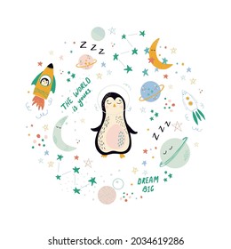 Baby space vector collection with rockets, stars and planets. Vector cartoon hand drawn characters for decorating nursery, printing on baby clothes, textiles, cards, posters.