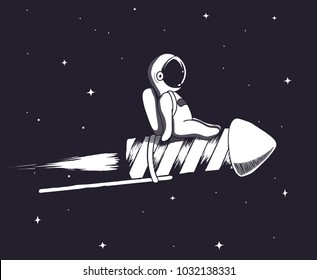 Baby spaceman flying on firework rocket in outer space.Childish vector illustration.Prints design