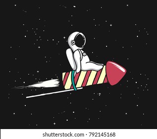 Baby spaceman flying on firework rocket to space.Character design.Childish vector illustration