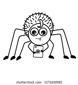 Baby spider with bangs and  one fang plaing with smartphone.  Black-white vector illustration. For paiting and children's products.