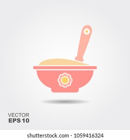 Baby spoon and bowl full of meal vector icon isolated