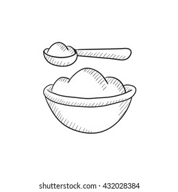 Baby spoon and bowl full of meal vector sketch icon isolated on background. Hand drawn Baby spoon and bowl full of meal icon. Baby spoon and bowl sketch icon for infographic, website or app.