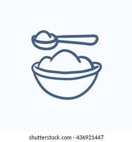 Baby spoon and bowl full of meal vector sketch icon isolated on background. Hand drawn Baby spoon and bowl full of meal icon. Baby spoon and bowl sketch icon for infographic, website or app.