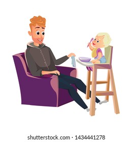 Baby with Spoon and Bowl Sit in Highchair Father in Armchair Feeding Vector Illustration. Little Infant Boy Eat Food. Single Dad Take Care Son Nursing. Happy Family Fatherhood Parenting