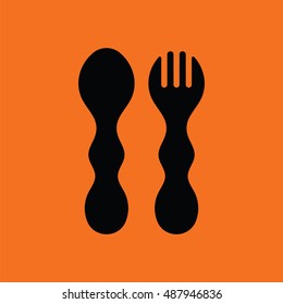 Baby spoon and fork icon. Orange background with black. Vector illustration.