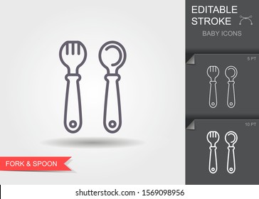 Baby spoon and fork. Outline icon with editable stroke. Linear symbol of care of children with shadow