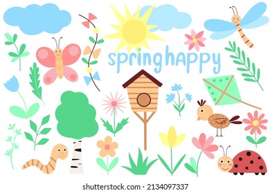 Baby spring set hand drawn vector illustration. Natural icons flowers, birdhouse, bird, sun butterfly and clouds collection. spring cute clip art