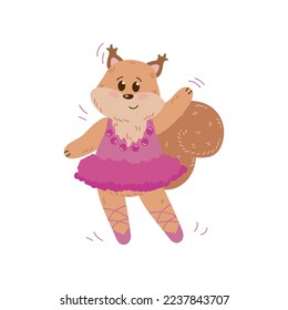 Baby squirrel in pink tutu, beads and pointe shoes waving paw. Cute animal ballerina character vector illustration. Ballet concept for birthday card or shirt designs for girls