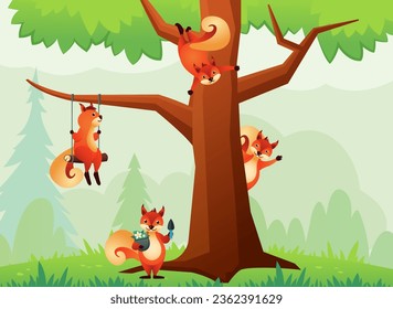 baby squirrels background. squirrels in forest on the tree, cute funny little ginger squirrels in forest nature, wildlife animals. vector cartoon animals forest background.