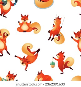 baby squirrels pattern. wildlife animals, eating acorn, squirrels in differnet poses, cute funny little ginger squirrels in forest nature. vector cartoon flat seamless pattern.