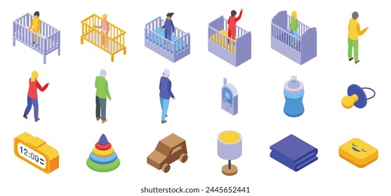 Baby standing crib icons set isometric vector. Infant happy. Musical toy