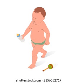 Bebé parado con botella de leche, ilustración vectorial.