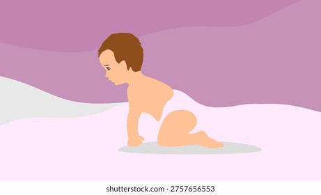  baby start crawling, flat color vector illustration