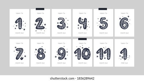 Baby step cards. Baby's First Year Cards. Milestone card with hand drawn numbers for newborn girl or boy. Capture all the special moments of little one’s in their first year