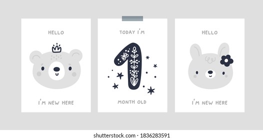 Baby step cards, poetic baby illustration. Milestone card with cute baby animals for newborn girl or boy. Baby shower print capturing all the special moments. Kids month anniversary card